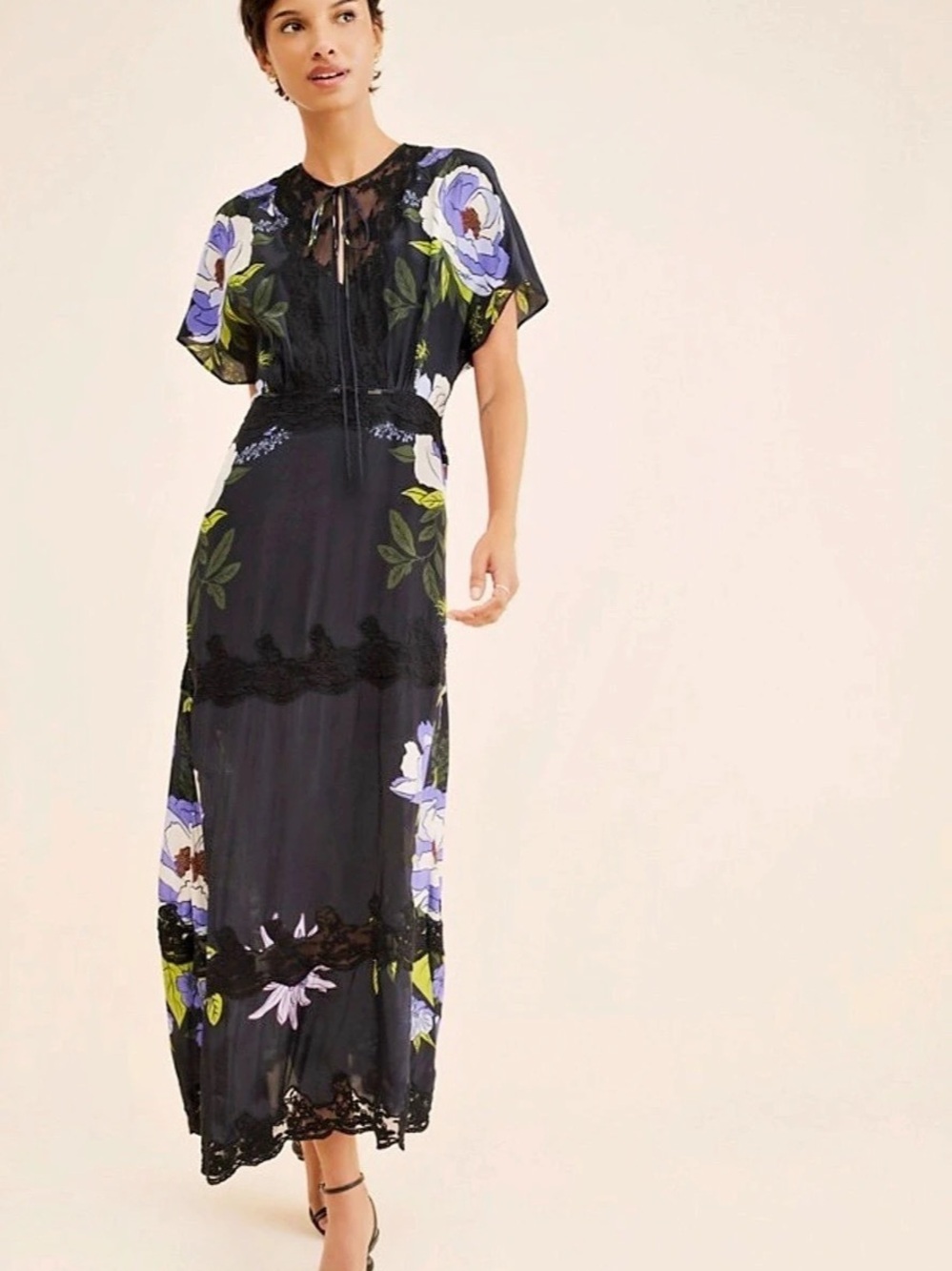 Farm Rio Satin Lace-Trim Maxi Dress Black & Purple